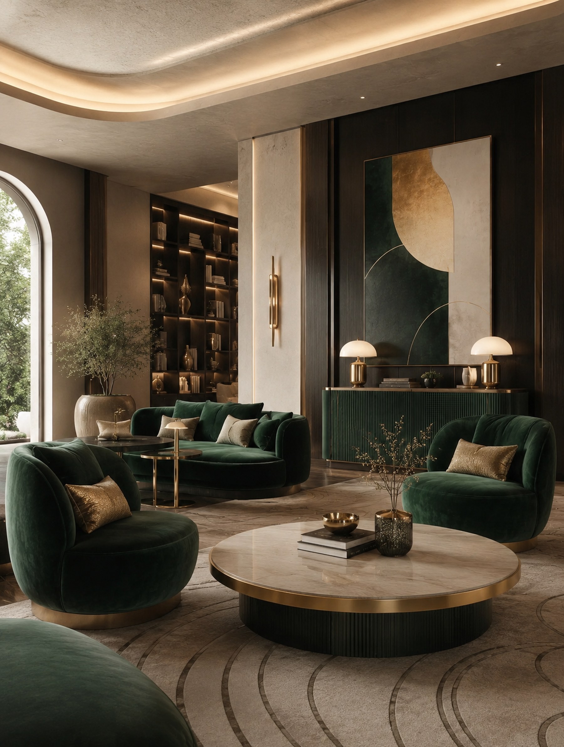 Emerald velvet lounge with brass details in a premium hotel